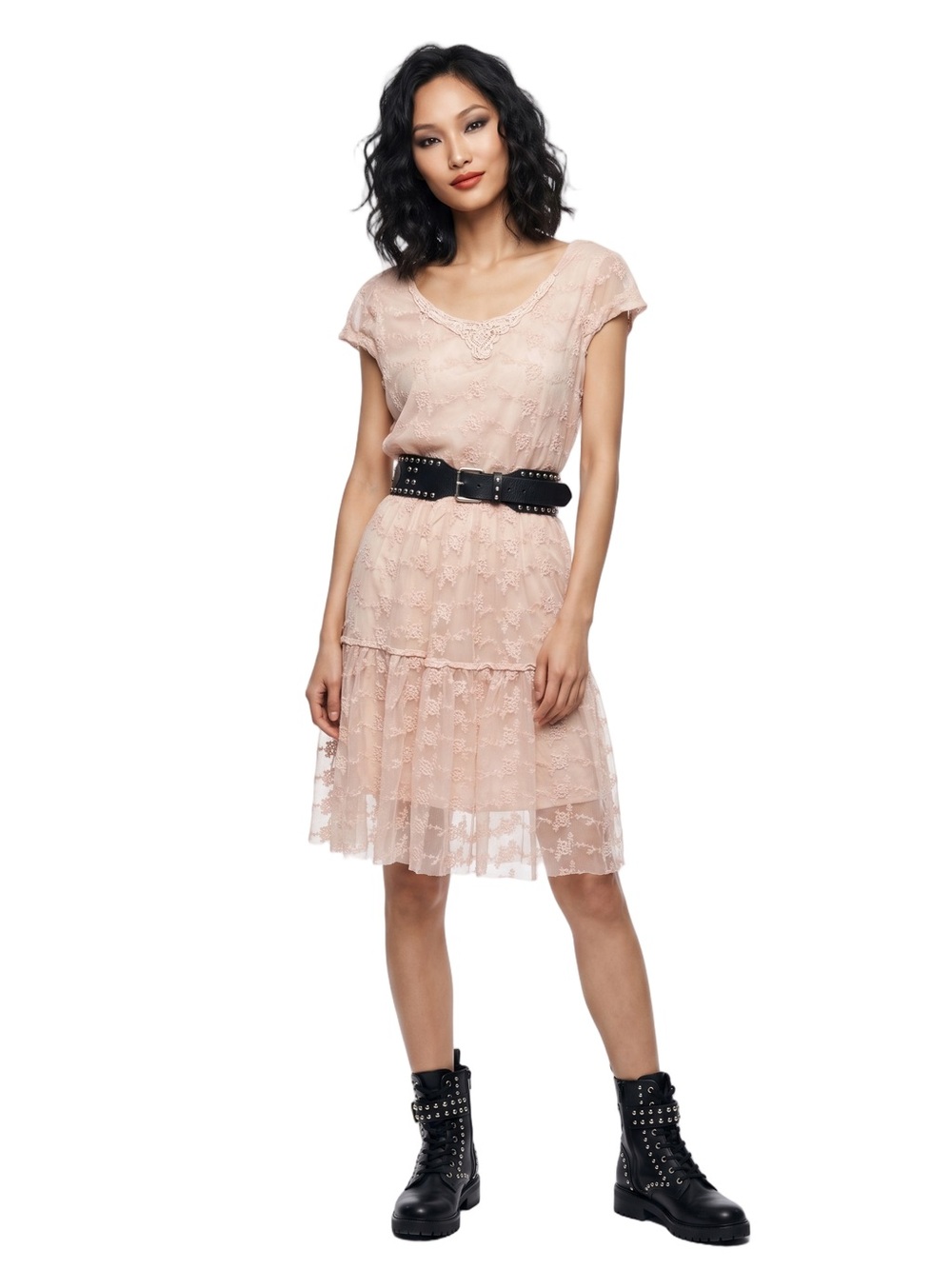 DOWNE EAST Pastel Pink Lace midi dress Scoop neck Short sleeve Costal Cowgirl - Picture 9 of 10